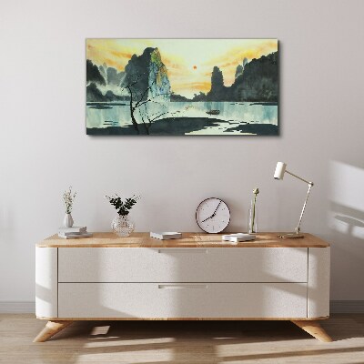 Obraz Canvas Spokojny pejzaż z górą i łodzią