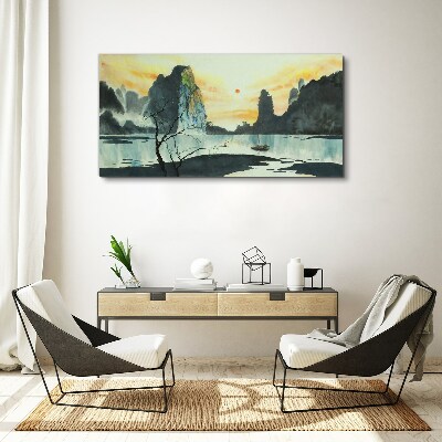 Obraz Canvas Spokojny pejzaż z górą i łodzią