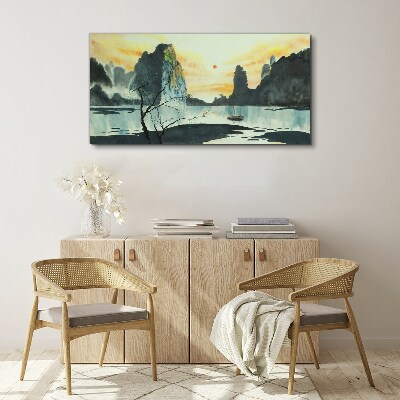Obraz Canvas Spokojny pejzaż z górą i łodzią