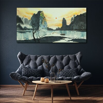 Obraz Canvas Spokojny pejzaż z górą i łodzią