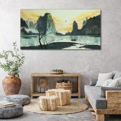 Obraz Canvas Spokojny pejzaż z górą i łodzią