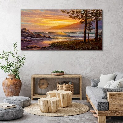 Obraz Canvas drzewa fale zachód słońca