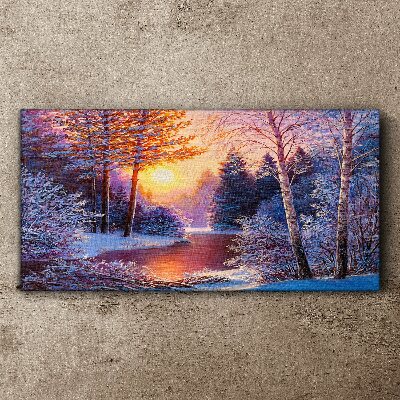 Obraz na Płótnie las śnieg rzeka zachód słońca
