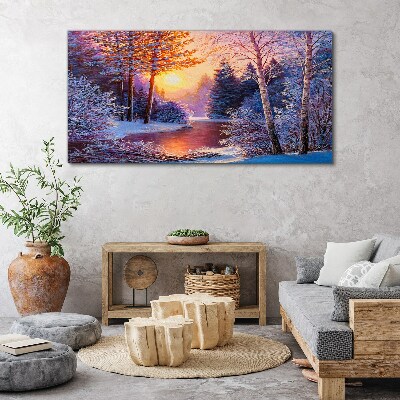 Obraz na Płótnie las śnieg rzeka zachód słońca