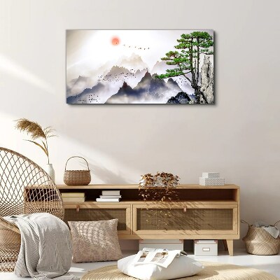 Obraz na Płótnie Góry Mgła Słońce Drzewo