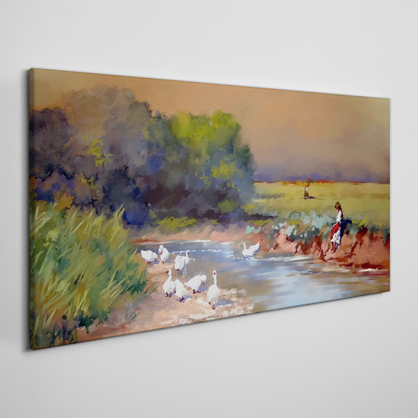 Obraz Canvas Spokojny pejzaż z kaczkami nad rzeką