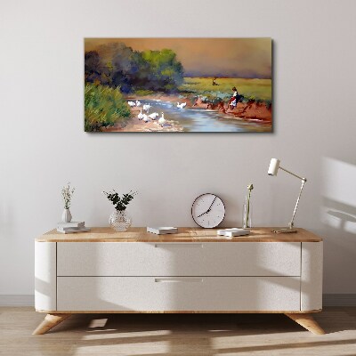 Obraz Canvas Spokojny pejzaż z kaczkami nad rzeką