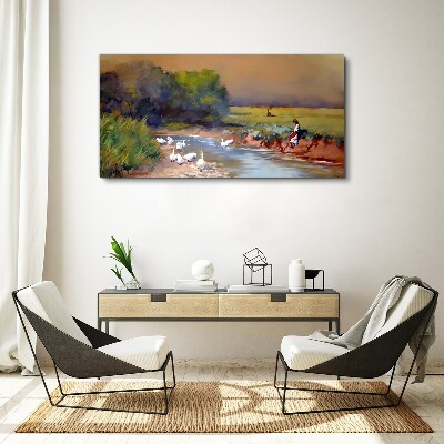 Obraz Canvas Spokojny pejzaż z kaczkami nad rzeką