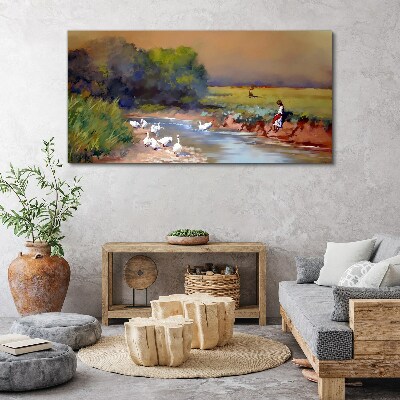 Obraz Canvas Spokojny pejzaż z kaczkami nad rzeką