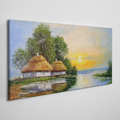 Obraz na Płótnie Spokojny zachód słońca nad wsią