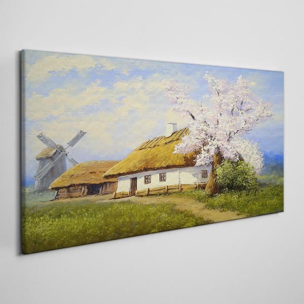Obraz Canvas Wiejski krajobraz z wiatrakiem i kwiatami