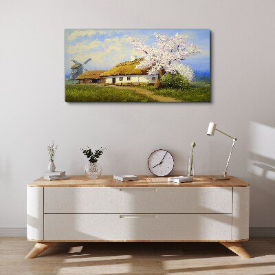 Obraz Canvas Wiejski krajobraz z wiatrakiem i kwiatami