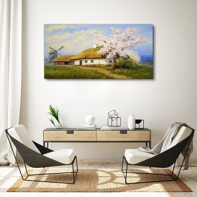 Obraz Canvas Wiejski krajobraz z wiatrakiem i kwiatami
