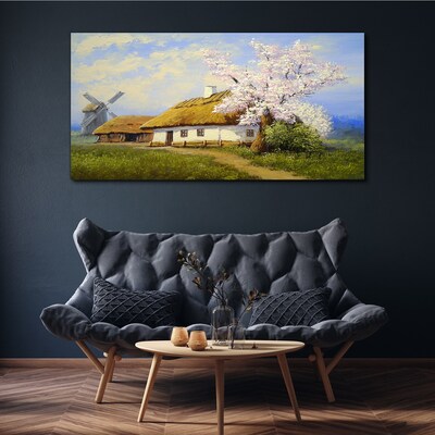 Obraz Canvas Wiejski krajobraz z wiatrakiem i kwiatami