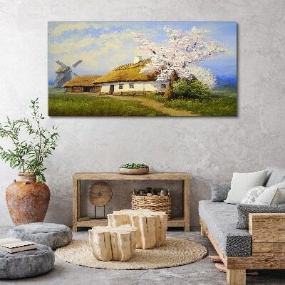 Obraz Canvas Wiejski krajobraz z wiatrakiem i kwiatami