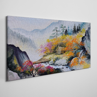 Obraz na Płótnie Abstrakcja Góry Drzewa Mgła