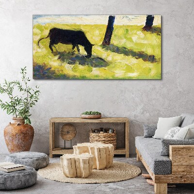 Obraz Canvas Czarny krowa w łąka Seurat