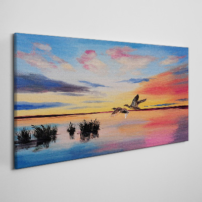 Obraz na Płótnie jezioro ptaki zachód słońca