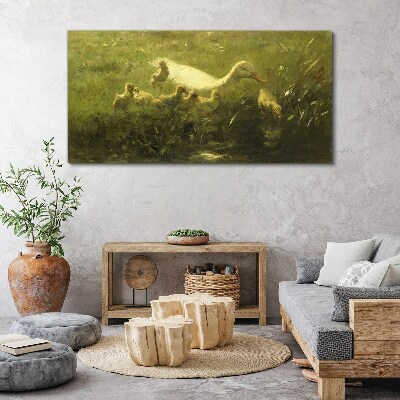 Obraz Canvas Kaczka z pisklętami w trawie