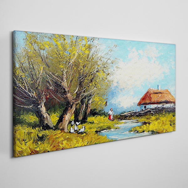 Obraz Canvas Wiejski pejzaż z chatą i drzewami