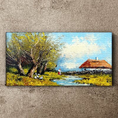 Obraz Canvas Wiejski pejzaż z chatą i drzewami