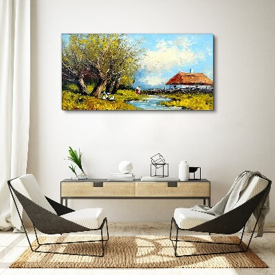 Obraz Canvas Wiejski pejzaż z chatą i drzewami