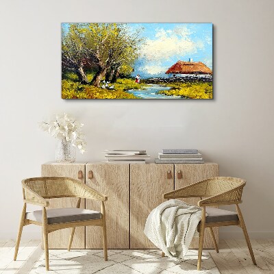 Obraz Canvas Wiejski pejzaż z chatą i drzewami
