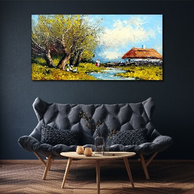 Obraz Canvas Wiejski pejzaż z chatą i drzewami