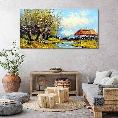 Obraz Canvas Wiejski pejzaż z chatą i drzewami