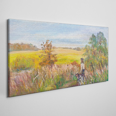 Obraz Canvas Letni pejzaż z postacią i psem