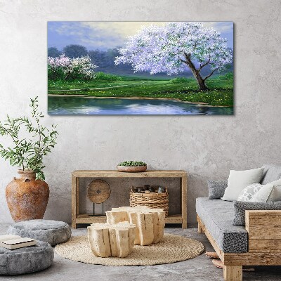 Obraz Canvas jezioro drzewa kwiaty