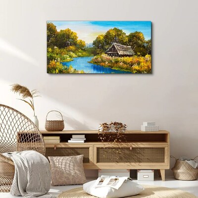 Obraz na Płótnie las rzeka niebo chata