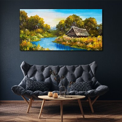 Obraz na Płótnie las rzeka niebo chata