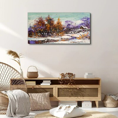 Obraz Canvas zima śnieg drzewa chaty rzeka