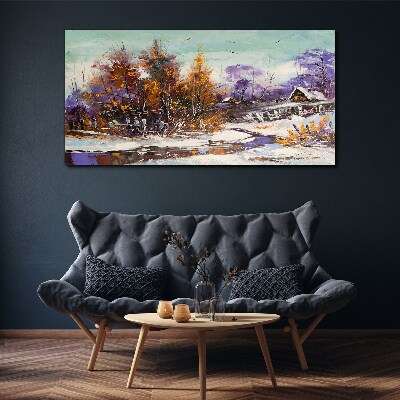 Obraz Canvas zima śnieg drzewa chaty rzeka
