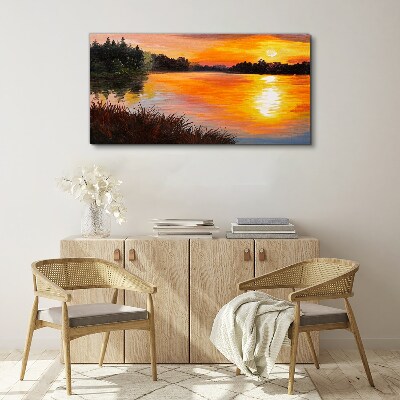 Obraz Canvas jezioro las zachód słońca