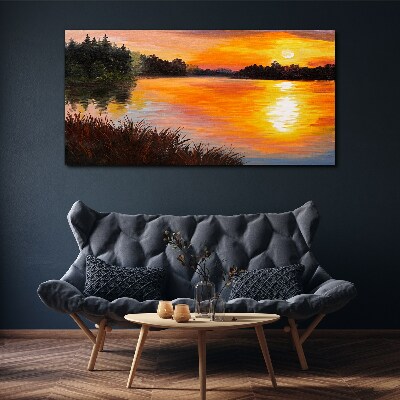Obraz Canvas jezioro las zachód słońca