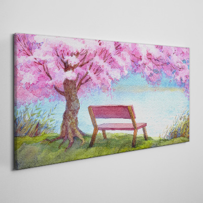 Obraz na Płótnie ławka drzewo kwiaty woda