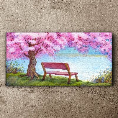Obraz na Płótnie ławka drzewo kwiaty woda