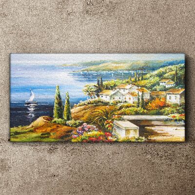 Obraz Canvas wybrzeże wioska łodzie kwiaty