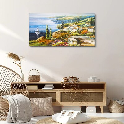 Obraz Canvas wybrzeże wioska łodzie kwiaty