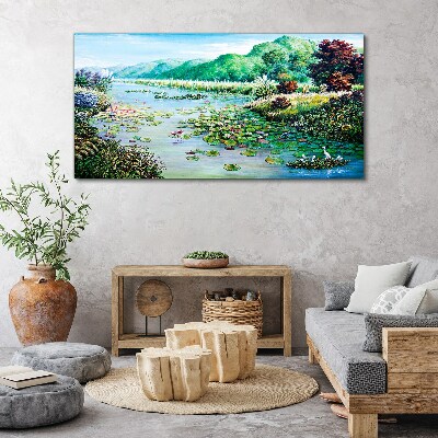 Obraz Canvas rzeka drzewa kwiaty wzgórza