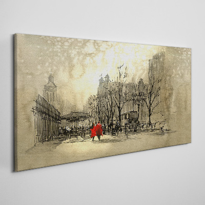 Obraz Canvas Czerwony płaszcz w miejskim krajobrazie