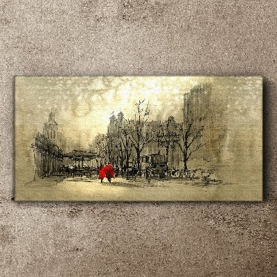 Obraz Canvas Czerwony płaszcz w miejskim krajobrazie