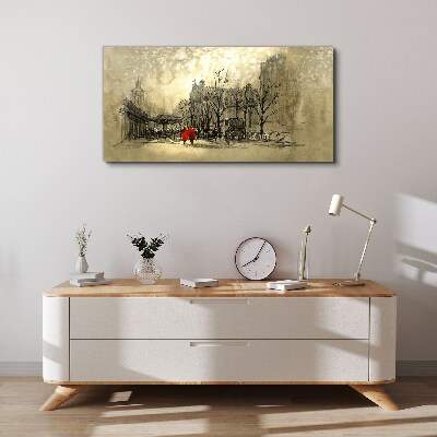 Obraz Canvas Czerwony płaszcz w miejskim krajobrazie