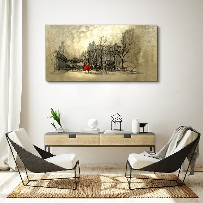 Obraz Canvas Czerwony płaszcz w miejskim krajobrazie