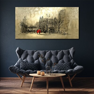 Obraz Canvas Czerwony płaszcz w miejskim krajobrazie