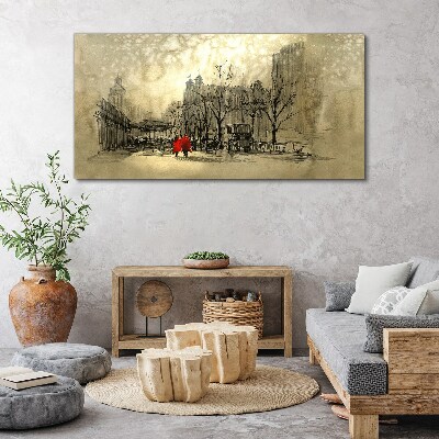 Obraz Canvas Czerwony płaszcz w miejskim krajobrazie