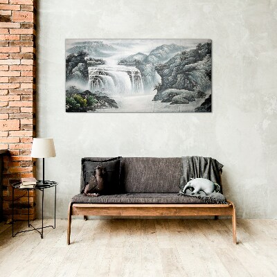 Obraz Szklany Góra Rzeka Wodospad Krzewy