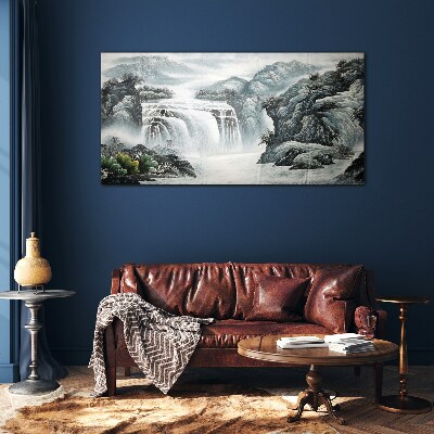 Obraz Szklany Góra Rzeka Wodospad Krzewy